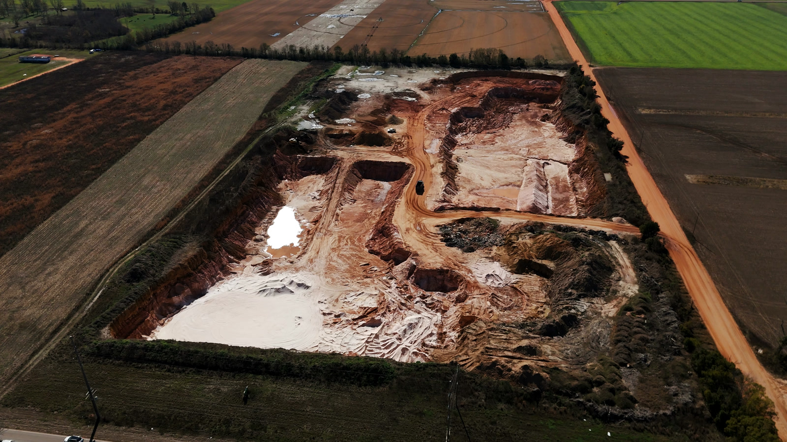 Aerial view of an H&W Services dirt pit and material operation